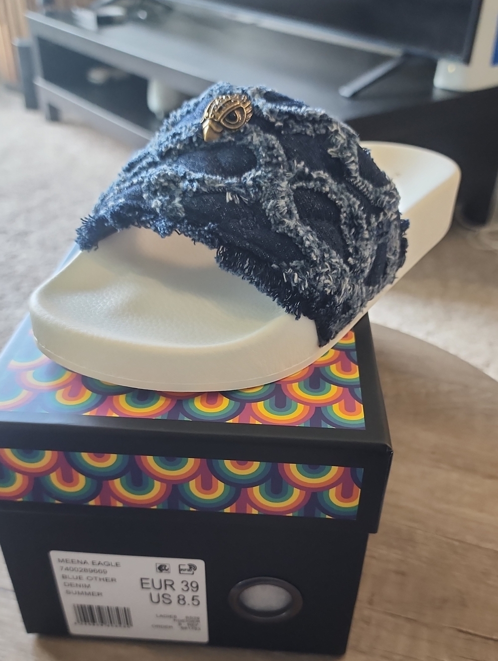 Navy Frayed Denim Slide Sandal with Gold Accent
